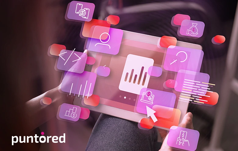 Tablet con íconos de tecnología financiera para solución de pagos masivos